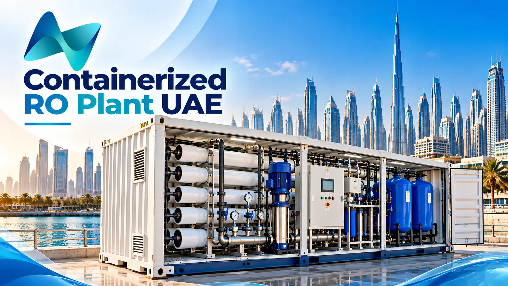 Containerized RO water treatment system UAE with membrane vessels and industrial filtration equipment