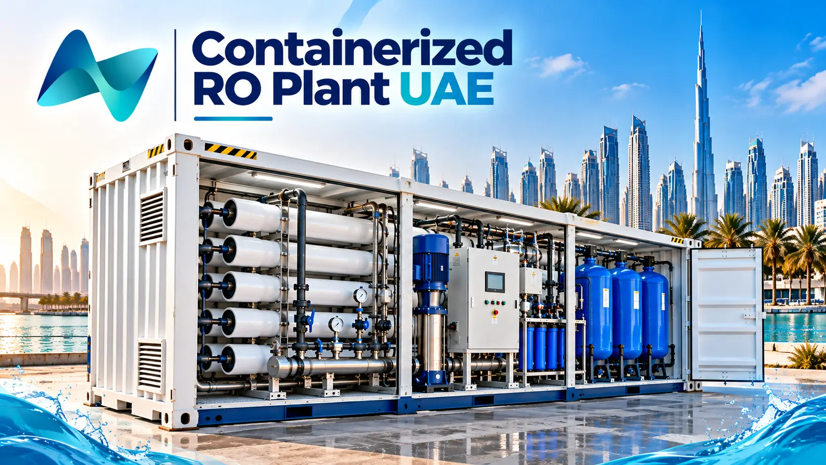 Industrial containerized RO plant with reverse osmosis membranes, pumps and control panels