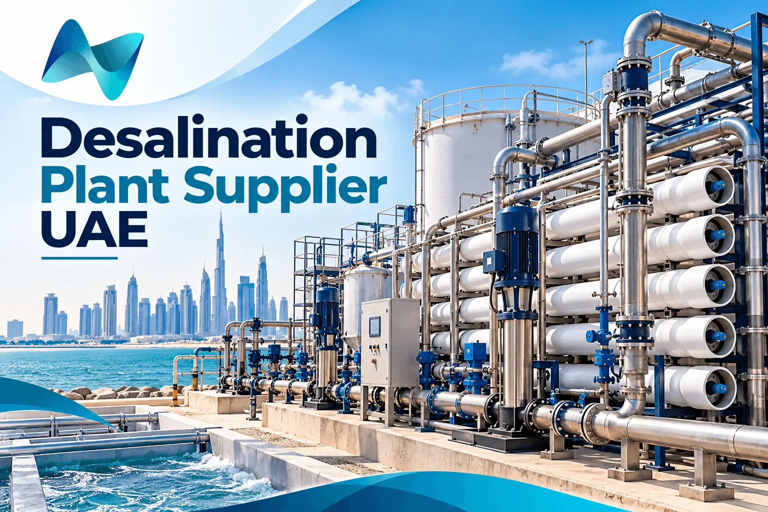 Industrial desalination equipment with RO membranes and high-pressure pumps in UAE
