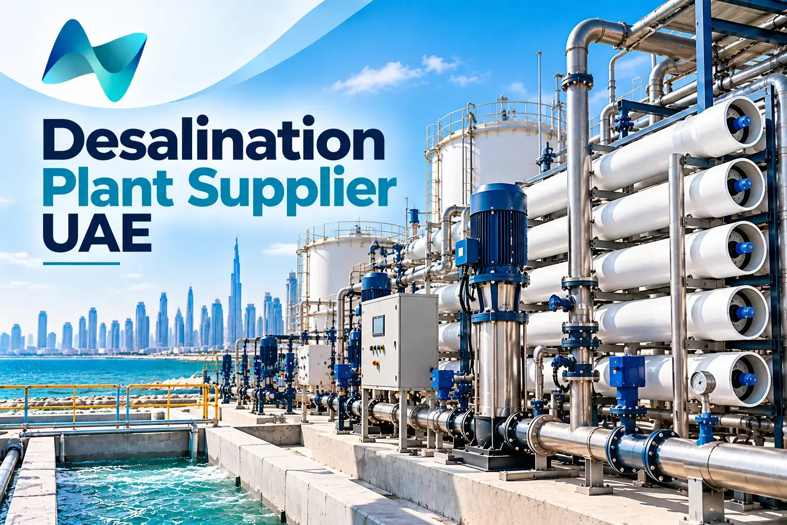 Industrial desalination equipment with RO membranes and high-pressure pumps in UAE