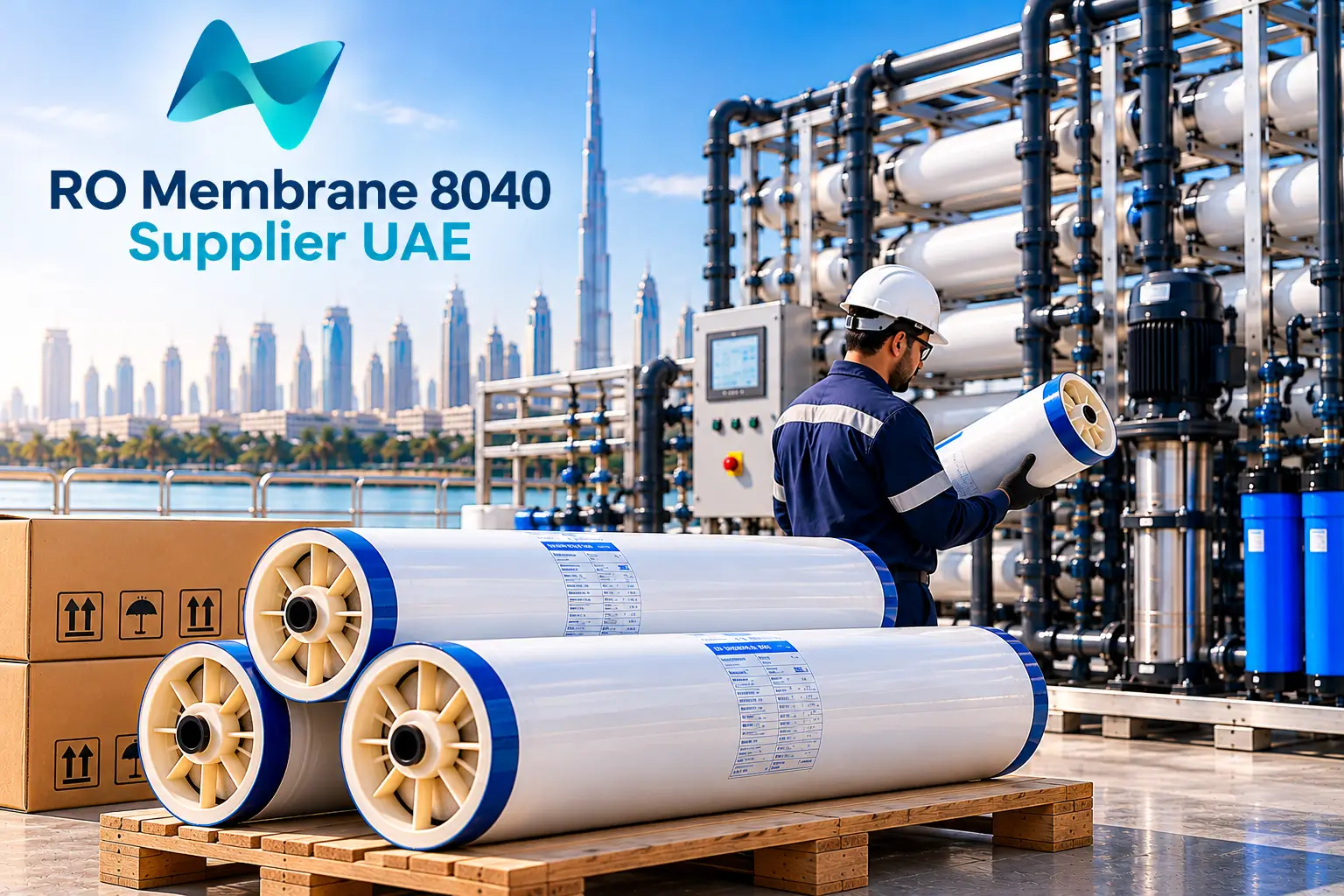 RO membrane 8040 inspection with technician examining industrial reverse osmosis membrane cartridge