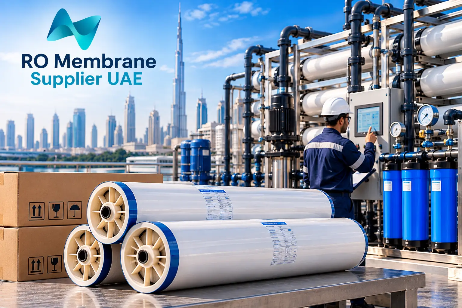 Industrial RO membrane cartridges with technician operating a reverse osmosis filtration system