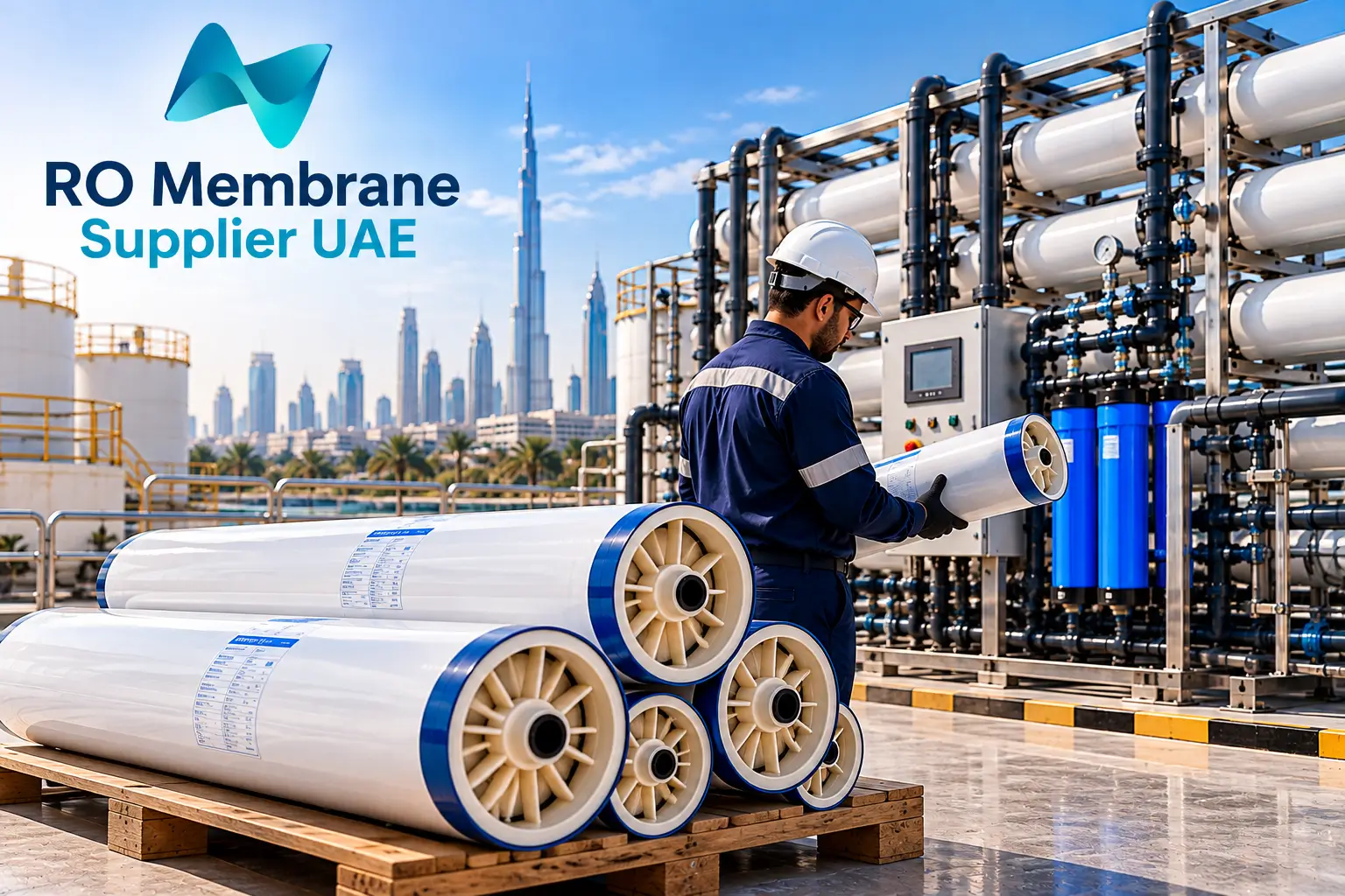 Reverse osmosis membrane supplier UAE with technician inspecting industrial RO membrane cartridges