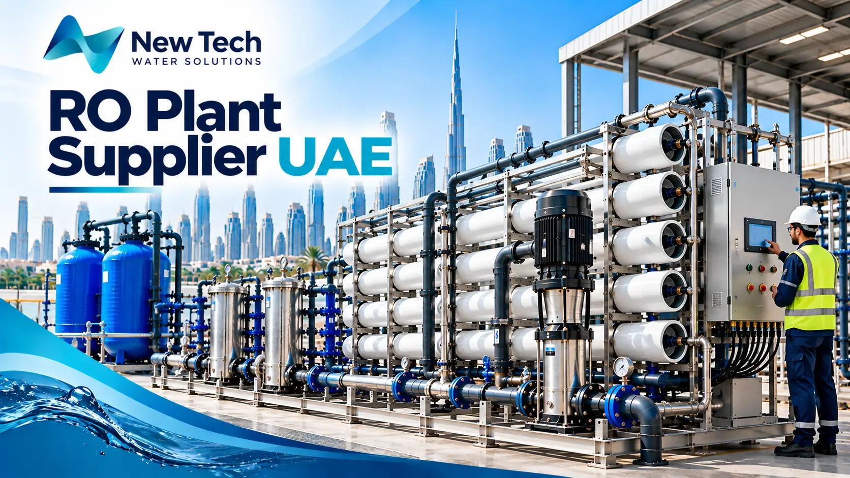 Industrial RO plant in UAE with an engineer operating the water treatment control panel