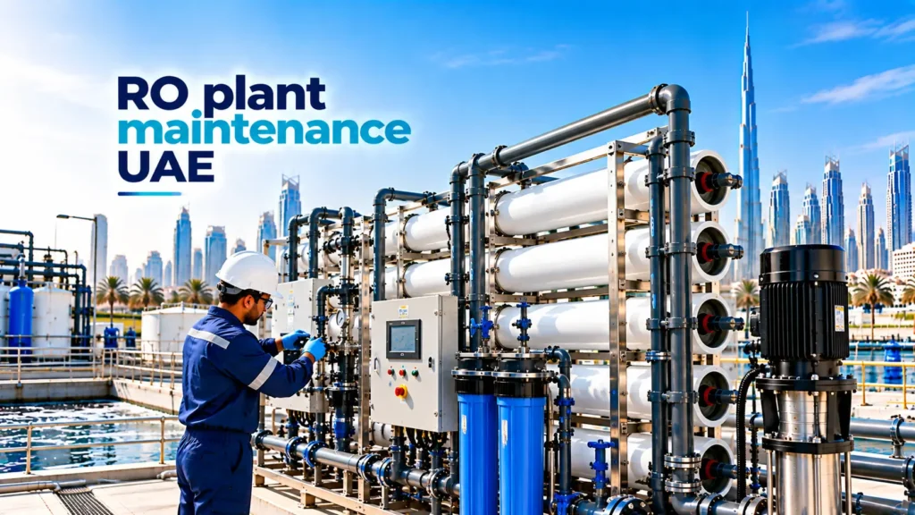 RO plant maintenance UAE with technician inspecting industrial reverse osmosis equipment
