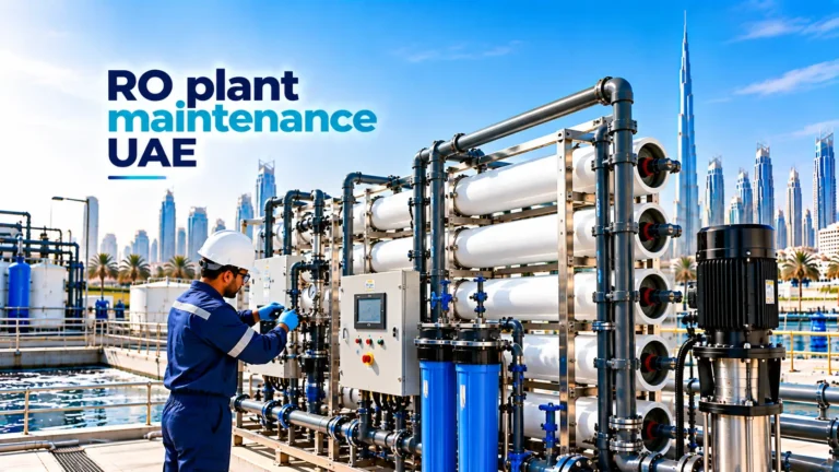 RO plant maintenance UAE with technician inspecting industrial reverse osmosis equipment