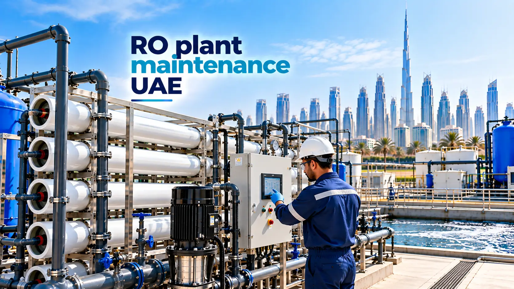 Industrial RO system inspection with technician checking pressure gauges and filtration equipment