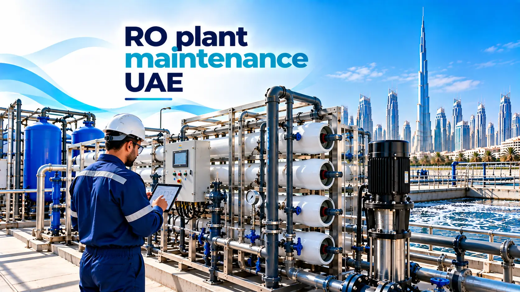 RO plant monitoring in UAE with technician reviewing operating parameters on a tablet