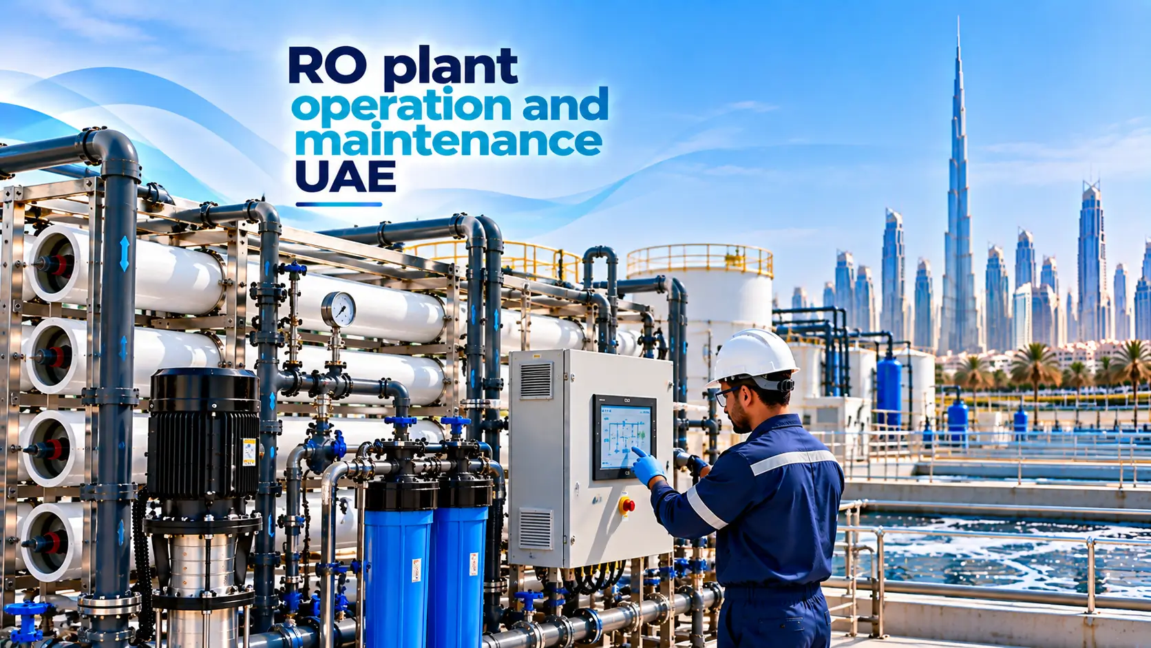 Industrial RO plant operation monitoring with technician operating a digital control panel