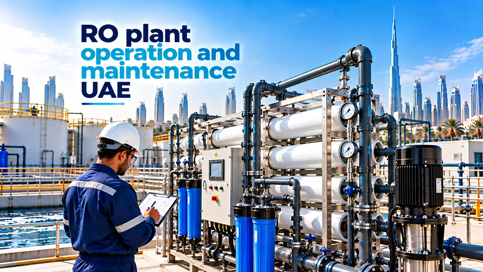 Industrial RO plant inspection with engineer reviewing maintenance records beside membrane systems