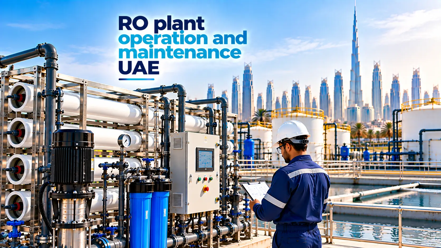RO plant performance monitoring with engineer checking industrial filtration equipment and control systems
