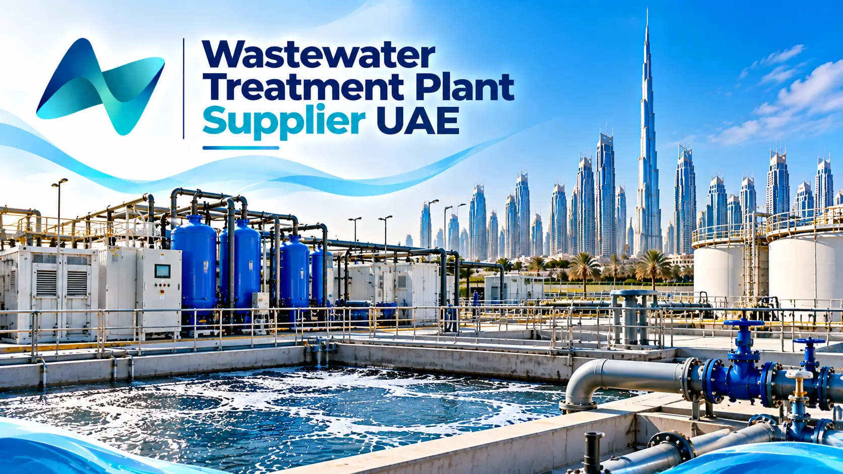 Wastewater treatment systems in UAE with blue filtration tanks and industrial processing equipment