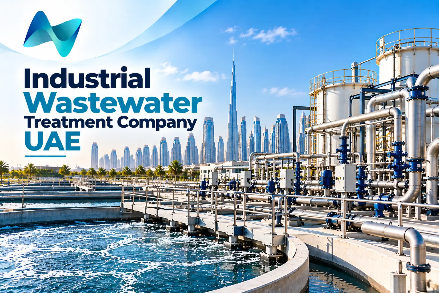 Industrial effluent treatment plant with wastewater clarification tanks in UAE