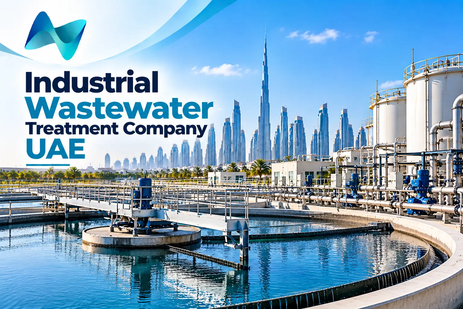 Wastewater treatment facility with industrial tanks, pumps, and filtration systems